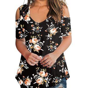 Off-the-shoulder black floral top; relaxed fit